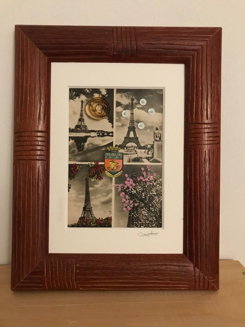 Paris Tour Eiffel - 4 Saisons - carte ancienne brodée au fil de coton, paillettes et bolduc métallisé