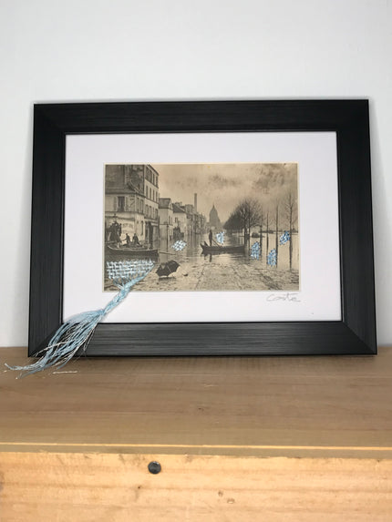 Paris -  Innondation janvier 1910, Quai de la Rapée - carte postale ancienne (un peu abîmée) brodée au fil de coton et lurex