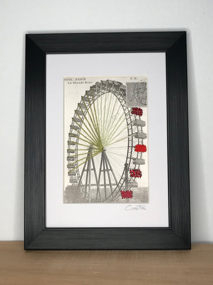 Paris - La Grande Roue, carte postale brodée au fil de coton et lurex