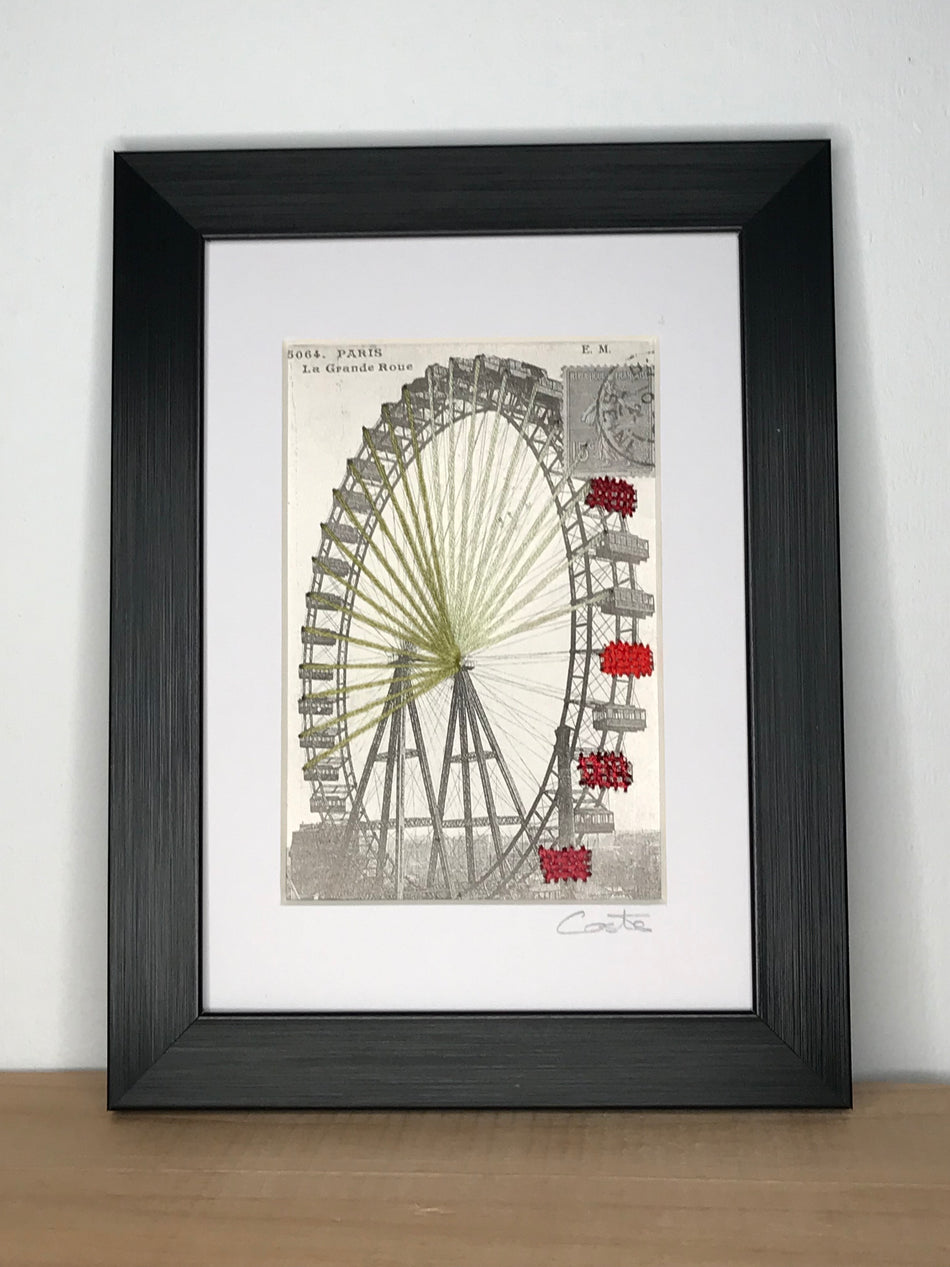 Paris - La Grande Roue, carte postale brodée au fil de coton et lurex