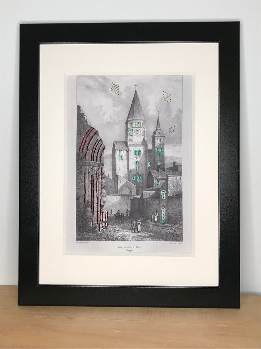 Cluny - Abbaye de Cluny - carte brodée au fil de coton et lurex