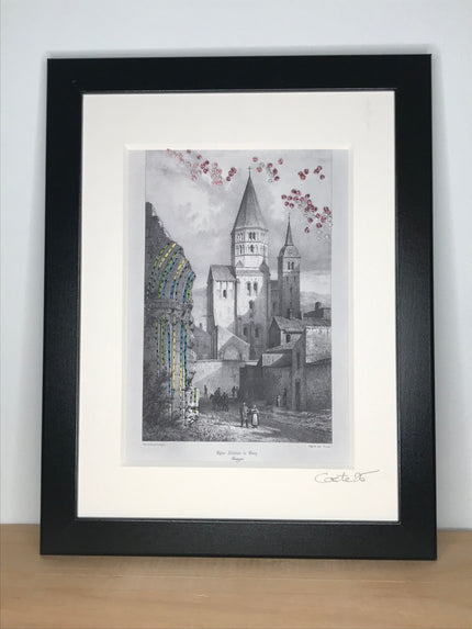 Cluny 2 - Abbaye de Cluny - carte brodéeau fil de coton et lurex