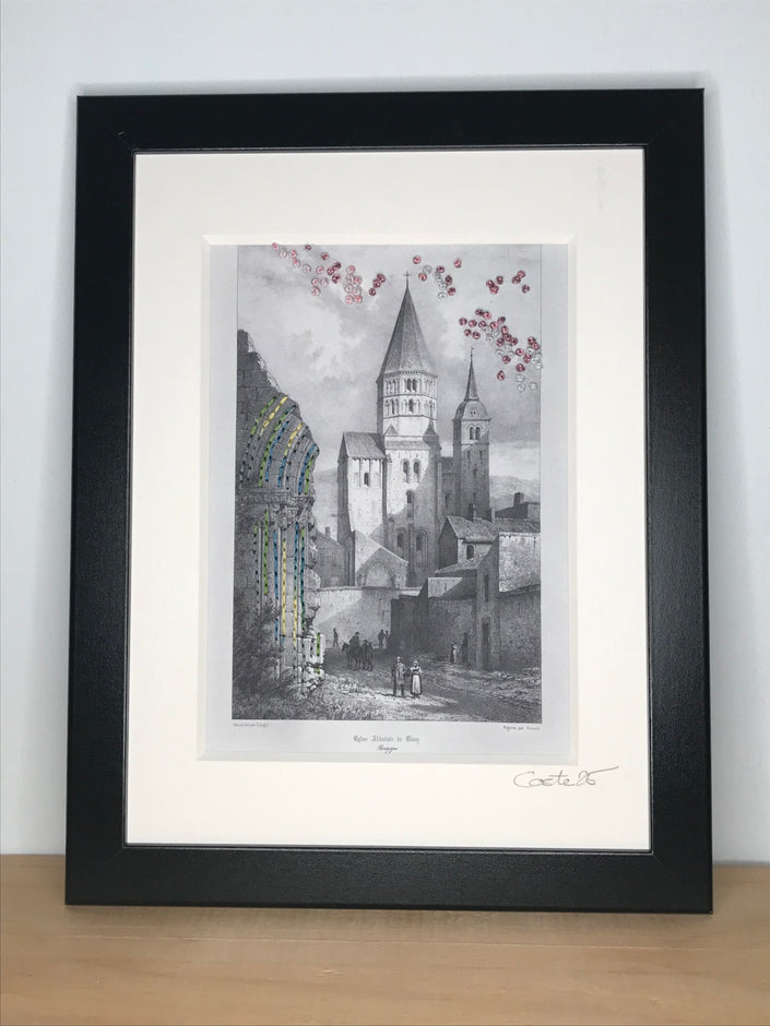 Cluny 2 - Abbaye de Cluny - carte brodéeau fil de coton et lurex