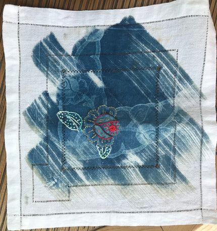 Cyanotype sur serviette ancienne avec jours